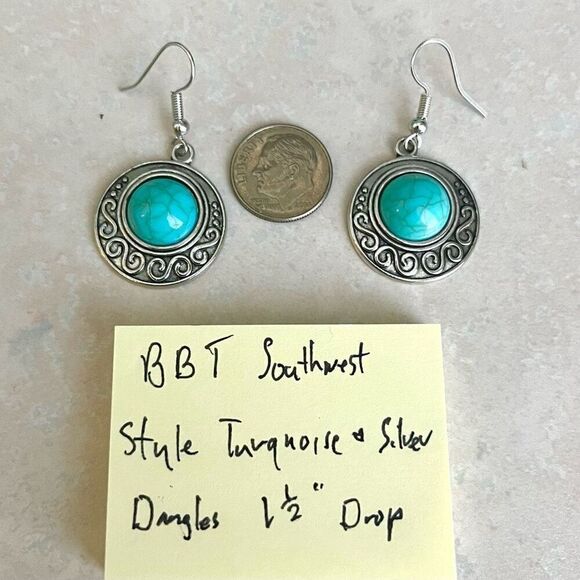 BBT Southwest Style Silver & Turquoise Dangle Earrings - Picture 10 of 10